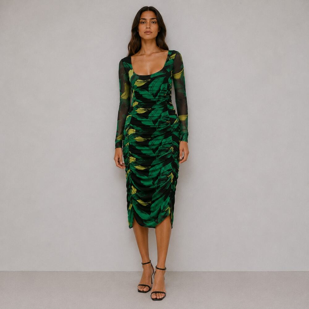 Ganni Tulle Ruched Gathered Midi Dress Womens 36/S Green Floral Print Bodycon